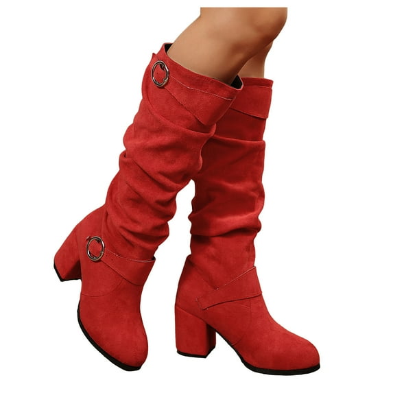 Rokment Women's Slouch Knee High Dress Tall Boots Trendy Buckles Solid Color Chunky Block High Heels Wide Calf Long Boots Fall Winter Red Size 9