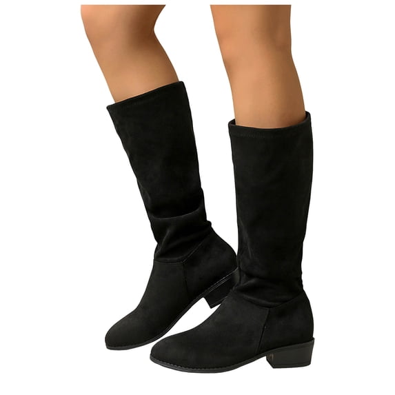 Rokment Women's Slouchy Mid Calf Boots Fashion Casual Solid Suede Pointed Toe Stacked Heels Pull On Knee-High Tall Dress Boots Fall Winter