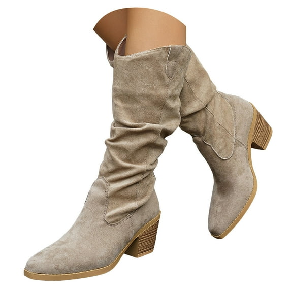 Rokment Women's Slouchy Mid Calf Dress Boots Ladies Fall Winter Trendy Casual Suede Pointed Toe Chunky Block High Heel Wide Calf Tall Boots Khaki Size 9