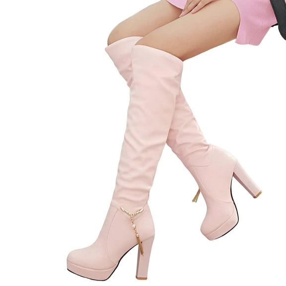 Rokment Women's Slouchy Platform High Heel Knee High Dress Boots Delicate Pearls Chain Leather Over-The-Knee Long Tall Boots Fall Winter Pink Size 9