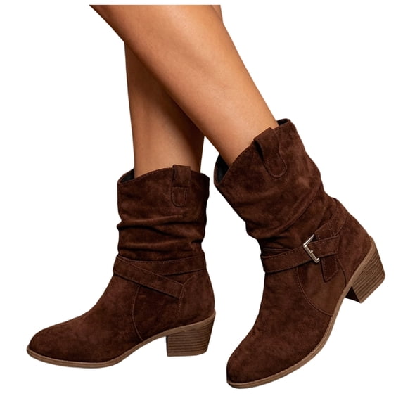 Rokment Women's Slouchy Wide Mid Calf Cowgirl Boots Fashion Casual Suede Buckles Pointed Toe Chunky Stacked Heels Cowboy Dress Short Booties Fall Winter