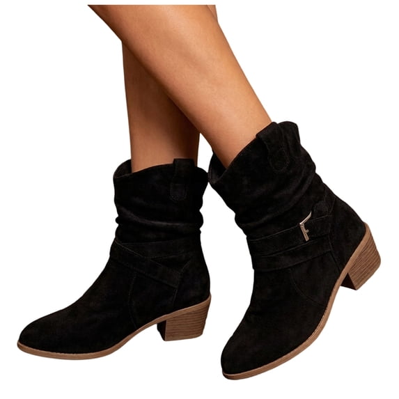 Rokment Women's Slouchy Wide Mid Calf Cowgirl Boots Fashion Casual Suede Buckles Pointed Toe Chunky Stacked Heels Cowboy Dress Short Booties Fall Winter