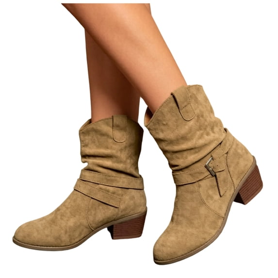 Rokment Women's Slouchy Wide Mid Calf Cowgirl Boots Fashion Casual Suede Buckles Pointed Toe Chunky Stacked Heels Cowboy Dress Short Booties Fall Winter