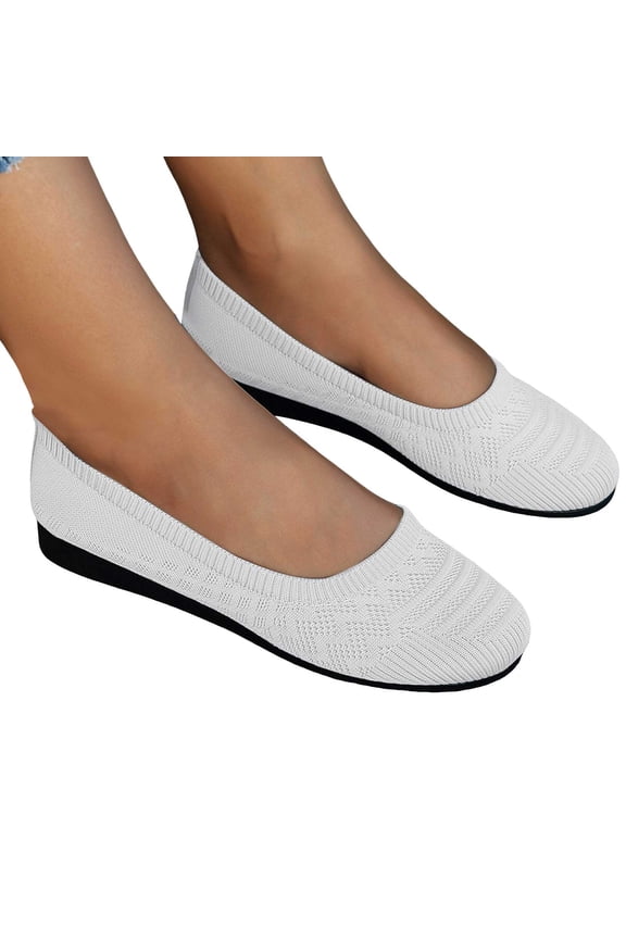 Women's Solid Knitted Wedges Ballet Flat Slip on Socks Dress Shoes Comfortable Fashion Casual Round Toe Low Heels Walking Driving Loafers for Spring Fall White Size 8.5