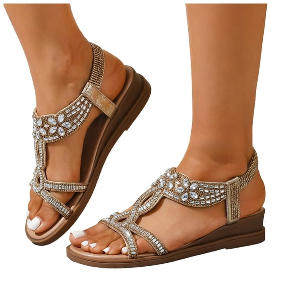 Rokment Women's Sparkling Rhinestones Wedge Heels Dressy Sandals Ethnic Bohemian Beach Summer Open Toe Slingback Mid Heels for Bride Wedding Banquet Gold Size 8.5
