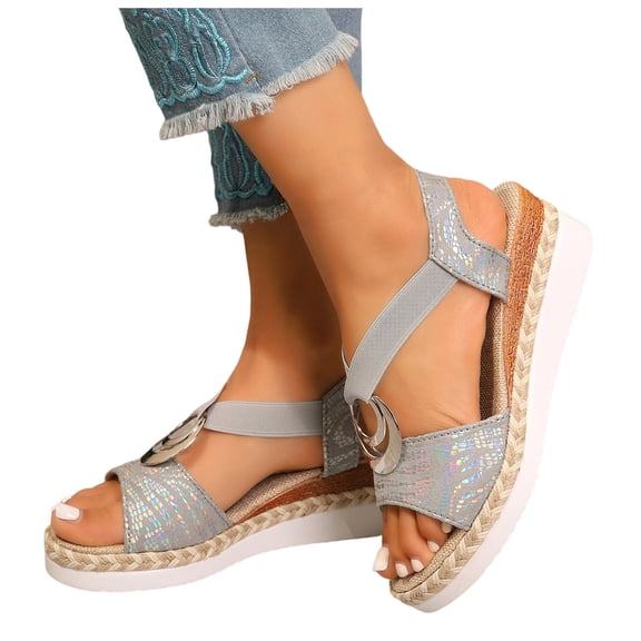 Rokment Women's Sparkling Sequin Platform Wedge Dressy Sandals 2026 Beach Summer Casual Buckles Leather Breathable Linen Sole Comfortable Espadrilles High Heel Walking Dress Shoes Grey Size 6.5