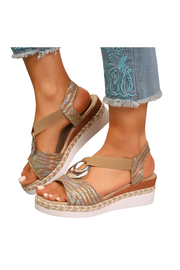 Women's Sparkling Sequin Platform Wedge Dressy Sandals 2026 Beach Summer Casual Buckles Leather Breathable Linen Sole Comfortable Espadrilles High Heel Walking Dress Shoes Khaki Size 7.5