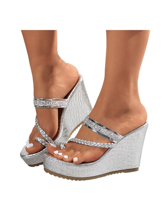 Women's Sparkling Sequin Wedge Backless Sandals Bridal Bling Braided Metallic Platform Dressy Flip Flops for Wedding Party Silver Size 7.5