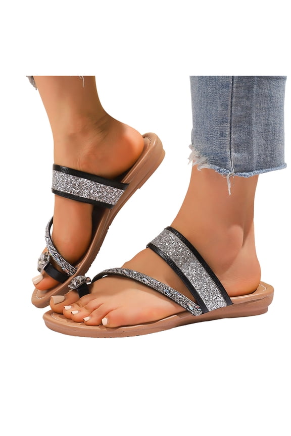 Women's Sparkly Crystal Rhinestones Flip Flops Beach Glitter Sequin Wedge Low Heel Dress Slip on Sandals Bridal Bling Flipflops Slides Summer Shoes Black Size 6.5