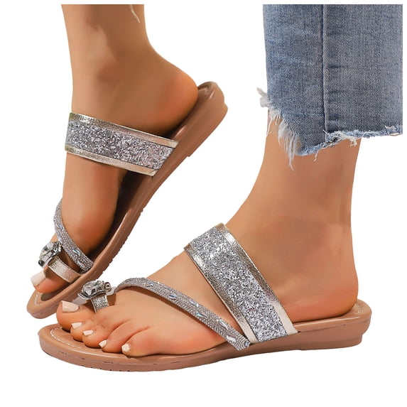 Rokment Women's Sparkly Crystal Rhinestones Flip Flops Beach Glitter Sequin Wedge Low Heel Dress Slip on Sandals Bridal Bling Flipflops Slides Summer Shoes Gold Size 9