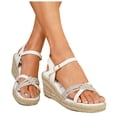 thumbnail image 1 of Rokment Women's Sparkly Espadrilles Platform Wedge Dressy Sandals Elegant Casual Leather Open Toe Ankle Strap Chunky High Heels Dress Summer Shoes for Ladies Bride Wedding White Size 8, 1 of 6