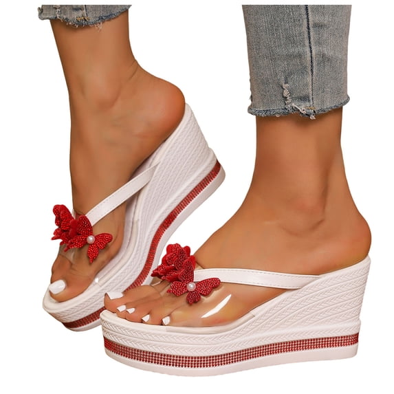 Rokment Women's Sparkly Pearl Rhinestones Platform Wedge Slip on Open Back Dressy Sandals Elegant Clear Chunky High Heels Slides Bridal Summer Slippers for Wedding Red Size 7
