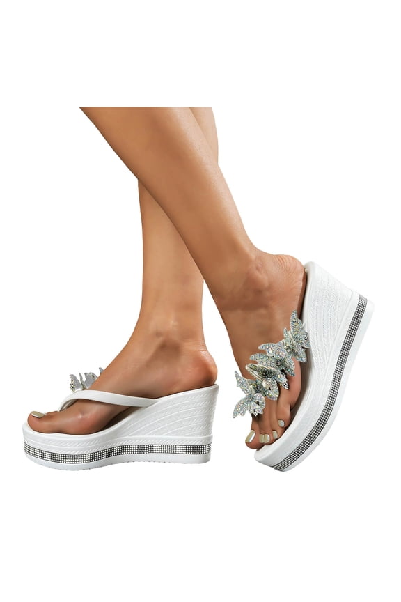 Women's Sparkly Rhinestone Butterfly Platform Wedge Flip Flops Bridal Bling Chunky High Heels Slip on Thong Sandals Beach Summer Dress Shoes White Size 9.5