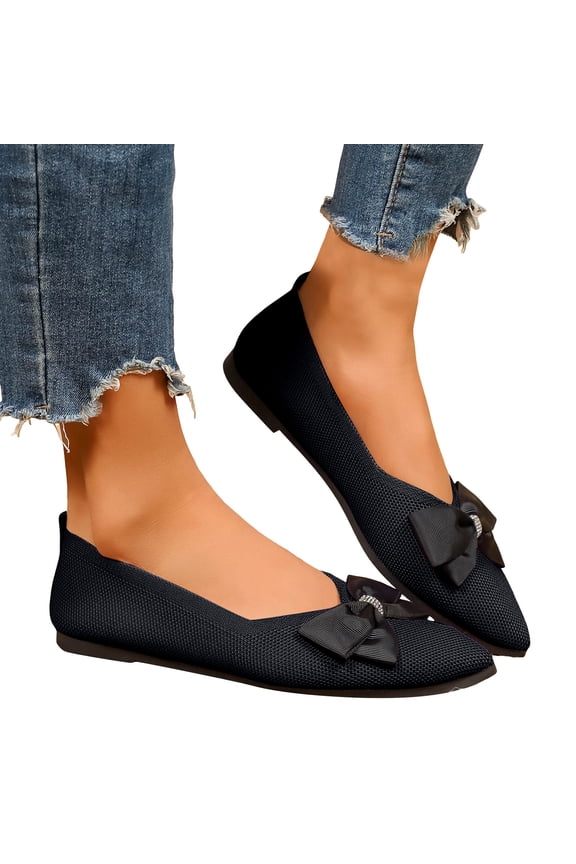 Women's Sparkly Rhinestones Bow Dress Shoes Spring Fall Fashion Mesh Pointed Toe Ballet Flat Low Heel Walking Slip on Loafers for Bride Black Size 8.5