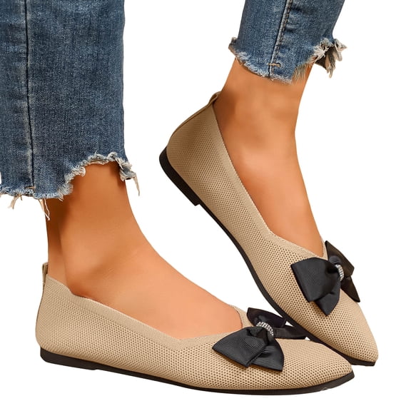 Rokment Women's Sparkly Rhinestones Bow Dress Shoes Spring Fall Fashion Mesh Pointed Toe Ballet Flat Low Heel Walking Slip on Loafers for Bride Khaki Size 9.5