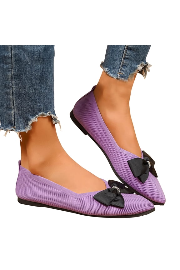 Women's Sparkly Rhinestones Bow Dress Shoes Spring Fall Fashion Mesh Pointed Toe Ballet Flat Low Heel Walking Slip on Loafers for Bride Purple Size 6