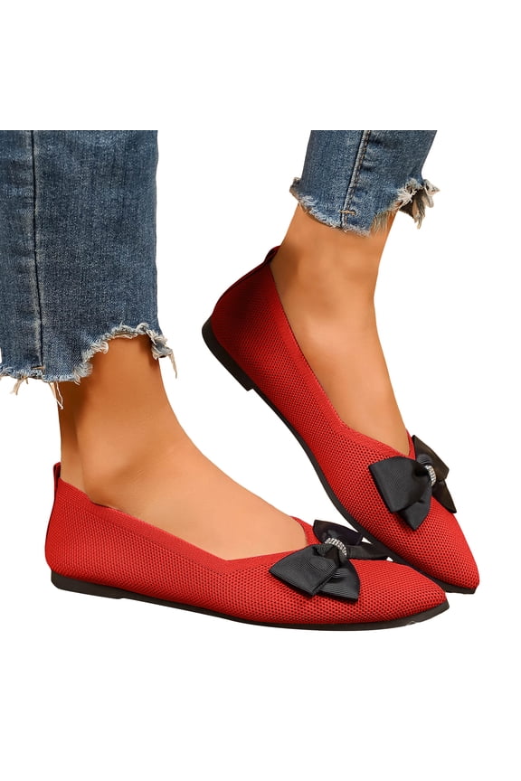Women's Sparkly Rhinestones Bow Dress Shoes Spring Fall Fashion Mesh Pointed Toe Ballet Flat Low Heel Walking Slip on Loafers for Bride Red Size 9.5