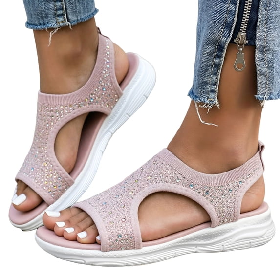 Rokment Women's Sparkly Rhinestones Comfortable Walking Sandals Slip on Air Cushion Arch Support Wedge Slingback Open Toe Platform Summer Shoes Breathable Beach Footwear Pink Size 9.5