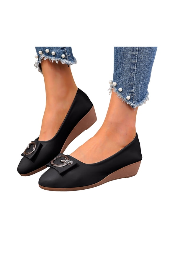 Women's Sparkly Rhinestones Platform Wedge Dress Shoes Spring Fall Fashion Leather Pointed Toe Bling Mid Heel Slip on Dressy Loafers for Business Work Bride Wedding Black Size 6