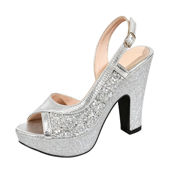 Rokment Women's Sparkly Sequin High Heels Slingback Dressy Sandals Delicate Bling Leather Peep Toe Slip on Platform Dress Pumps for Bride Wedding Banquet Silver Size 7.5