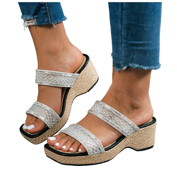 Rokment Women's Sparkly Sequin Platform Wedge Backless Slippers Sandals Casual Mesh Wide Width Square Toe Chunky Heeled Dress Slip on Comfortable Walking Slides Heels Boho Beach Silver Size 8.5