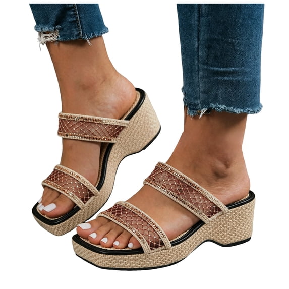 Rokment Women's Sparkly Sequin Platform Wedge Backless Slippers Sandals Fashion Casual Mesh Wide Width Square Toe Chunky Heeled Dress Slip on Comfortable Walking Slides Heels Boho Beach Brown Size 6