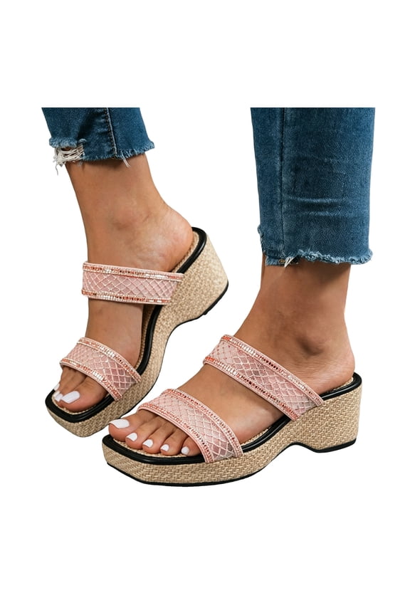 Women's Sparkly Sequin Platform Wedge Backless Slippers Sandals Fashion Casual Mesh Wide Width Square Toe Chunky Heeled Dress Slip on Comfortable Walking Slides Heels Boho Beach Pink Size 8
