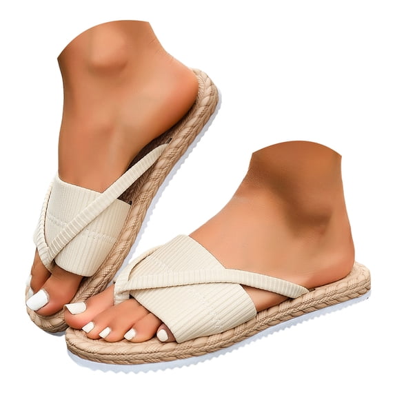 Rokment Women's Straw Flip Flops Flat Slides Sandals Bohemian Beach Stylish Casual Dress Slip on Lightweight Comfortable Walking Slippers Summer White Size 8.5