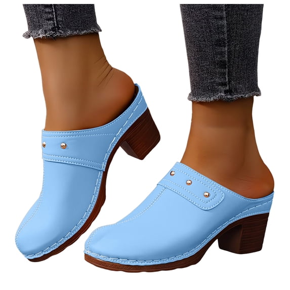 Rokment Women's Studded High Heels Mules Dressy Sandals Classic Fashion Casual Leather Closed Toe Chunky Stackable High Heels Clogs Spring Summer Heeled Dress Slip on Slippers Sky Blue Size 9.5