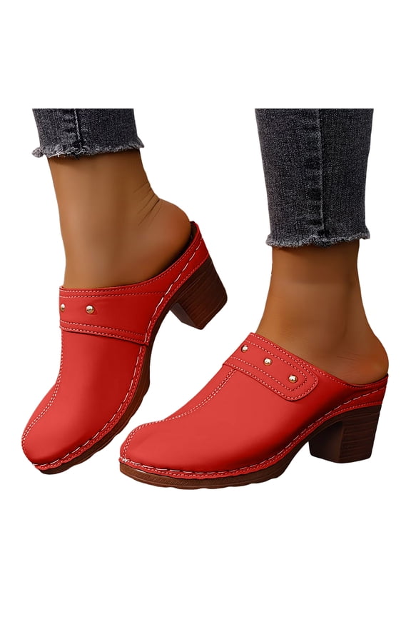 Women's Studded High Heels Mules Dressy Sandals Classic Fashion Casual Leather Closed Toe Chunky Stackable High Heels Clogs Spring Summer Heeled Dress Slip on Slippers Red Size 8