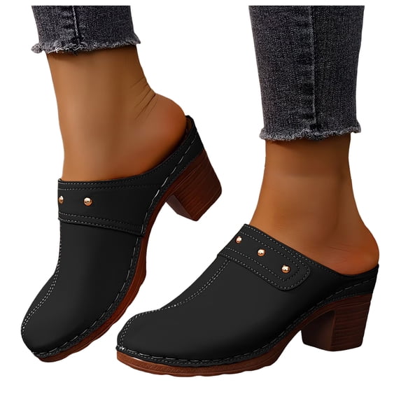 Rokment Women's Studded High Heels Mules Dressy Sandals Classic Fashion Casual Leather Closed Toe Chunky Stackable High Heels Clogs Spring Summer Heeled Dress Slip on Slippers Black Size 8