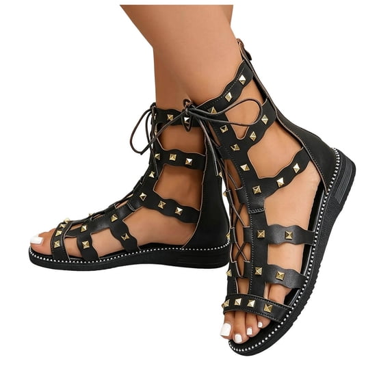 Rokment Women's Studded Roman Gladiator Sandals Gothic Punk Leather Open Toe Wedge Low Heels Strappy Dress Summer Shoes Ankle Booties with Back Zipper Vintage Black Size 6