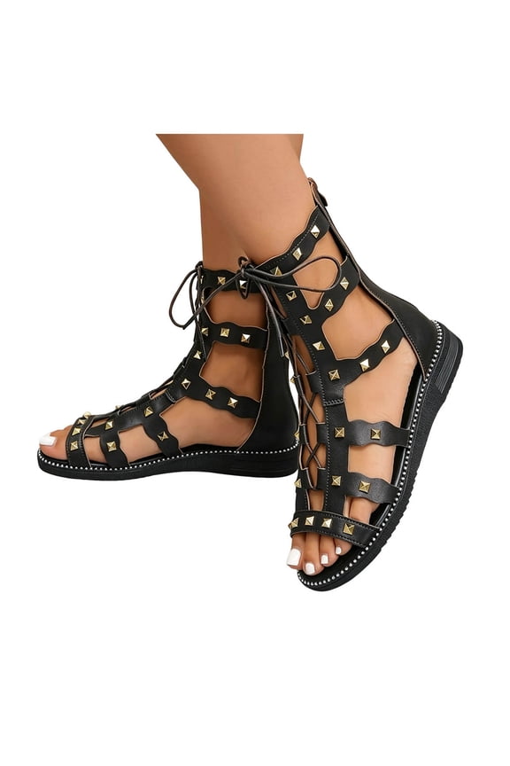 Women's Studded Roman Gladiator Sandals Gothic Punk Leather Open Toe Wedge Low Heels Strappy Dress Summer Shoes Ankle Booties with Back Zipper Vintage Black Size 8.5