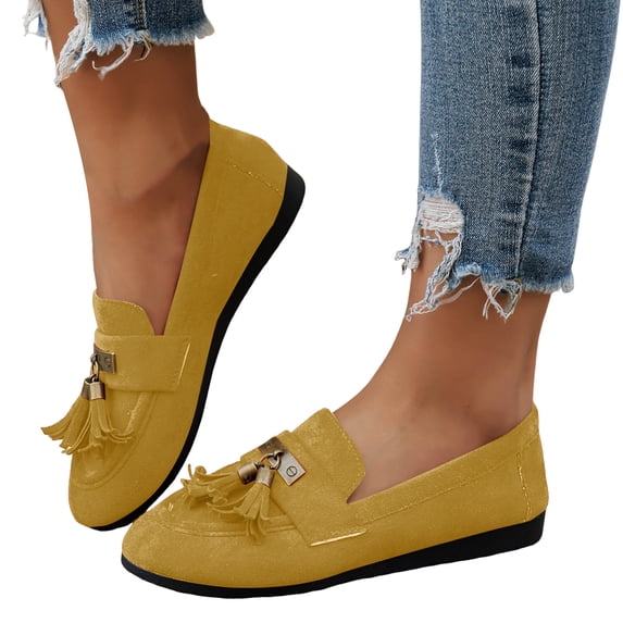 Rokment Women's Tassel Ballet Flat Dress Shoes Fringed Suede Wedges Low Heel Slip on Penny Loafers Comfortable Casual Walking Fashion Boho Beach Spring Fall 2026 Ladies Footwear Yellow Size 8.5