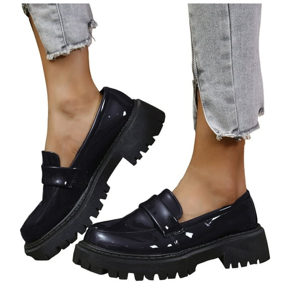 Rokment Women's Vintage Patent-Leather Oxfords Penny Loafers Walking Shoes 2026 Spring Fall Trendy Casual Platform Chunky Lug Sole Mid Heels Slip on Dress Shoes Black Size 6.5