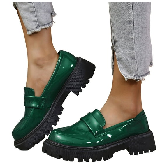 Rokment Women's Vintage Patent-Leather Oxfords Penny Loafers Walking Shoes 2026 Spring Fall Trendy Casual Platform Chunky Lug Sole Mid Heels Slip on Dress Shoes Green Size 9.5