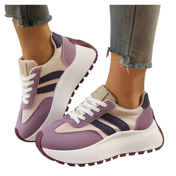 Rokment Women's Vintage Platform Chunky Low Top Fashion Sneakers Fall Winter Retro Casual Color Block Patchwork Height Increasing Skateboard Tennis Walking Shoes Comfortable Purple Size 9