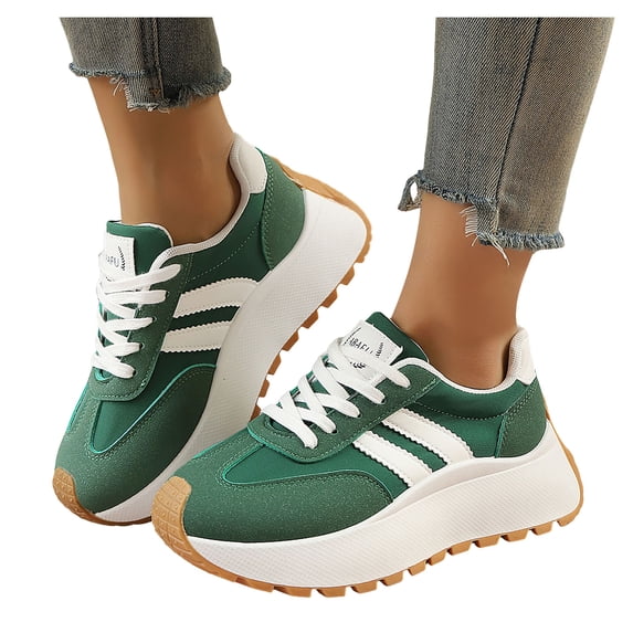 Rokment Women's Vintage Platform Chunky Low Top Fashion Sneakers Fall Winter Retro Casual Color Block Patchwork Height Increasing Skateboard Tennis Walking Shoes Comfortable Green Size 7.5