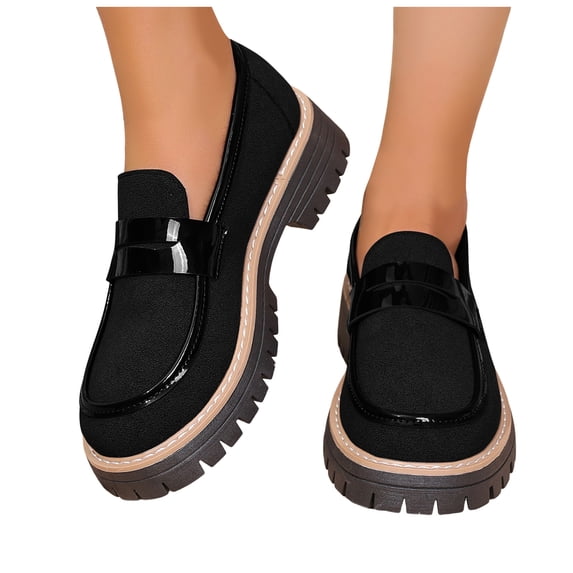 Rokment Women's Vintage Platform Chunky Penny Loafers Oxfords Dress Shoes Stylish Casual Suede Leather Patchwork Lug Sole Slip on Walking Sneakers for Woman Black Size 6.5