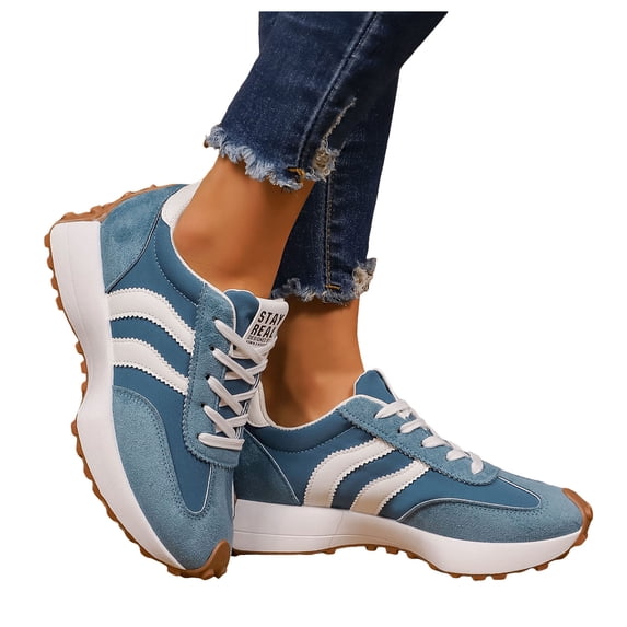Rokment Women's Vintage Platform Fashion Sneakers Color Block Suede Lace up Chunky Casual Comfortable Running Skate Walking Shoes Blue Size 8