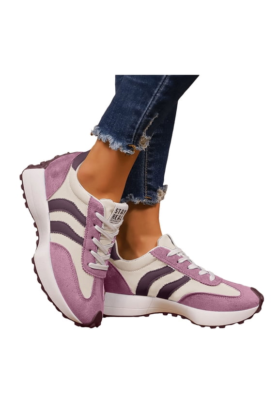 Women's Vintage Platform Fashion Sneakers Color Block Suede Lace up Chunky Casual Comfortable Running Skate Walking Shoes Light Purple Size 9