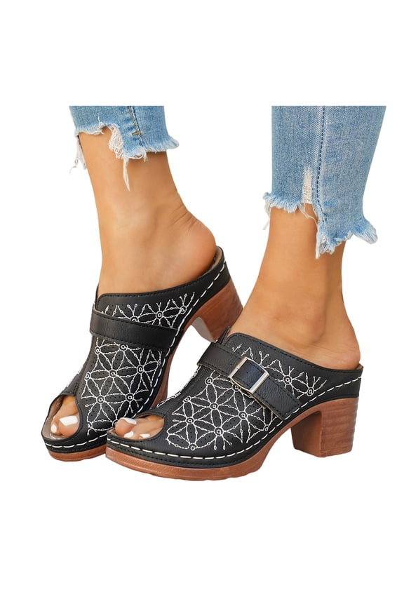 Women's Vintage Platform High Heels Mules Slip on Dressy Sandals Classic Geometric Buckles Leather Open Peeptoe Chunky Block Heeled Dress Slides for Ladies Black Size 7