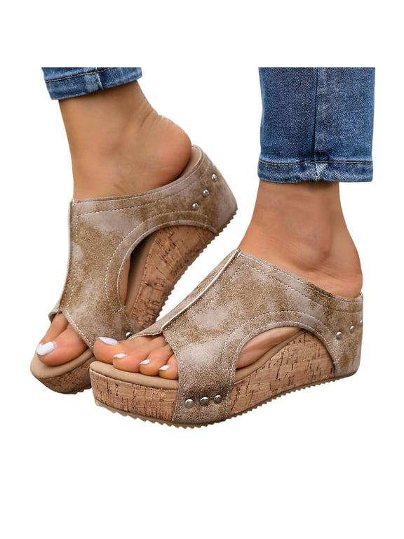 Women's Vintage Platform Wedge Gladiator Slides Sandals Boho Beach Casual Leather Hollow out Studded Orthotic Chunky High Heels Slip on Summer Shoes Grey Size 9.5