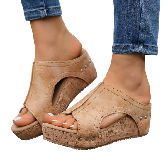 Rokment Women's Vintage Platform Wedge Gladiator Slides Sandals Boho Beach Casual Leather Hollow out Studded Orthotic Chunky High Heels Slip on Summer Shoes Yellow Size 8