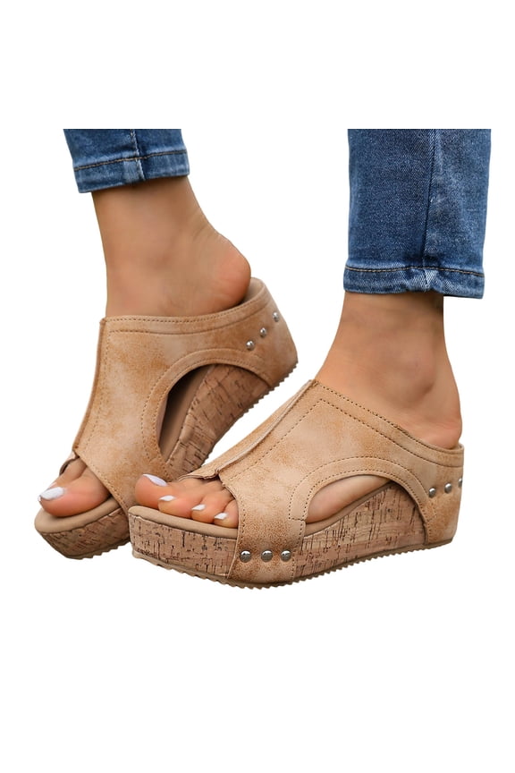 Women's Vintage Platform Wedge Gladiator Slides Sandals Boho Beach Casual Leather Hollow out Studded Orthotic Chunky High Heels Slip on Summer Shoes Yellow Size 9