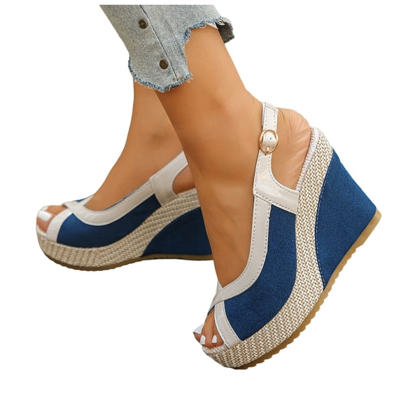 Rokment Women's Vintage Platform Wedge Slingback Dressy Sandals Retro Spring Summer Casual Color Block Peep Toe Extra Chunky High Heels Espadrilles Dress Shoes with Back Straps Blue Size 9