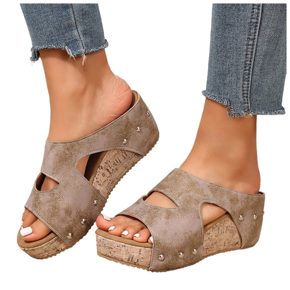 Rokment Women's Vintage Platform Wedge Slip on Walking Sandals Comfortable Leather Studded Open Toe Chunky High Heels Backless Half Slippers Hollow out Dress Slides Beach Summer Mules Khaki Size 9.5