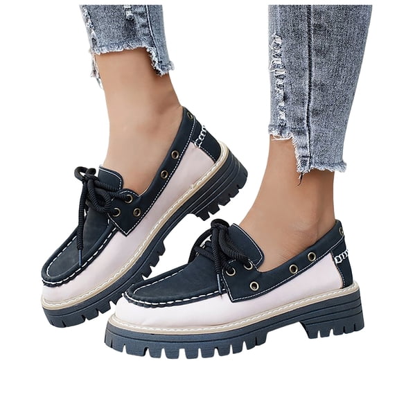 Rokment Women's Vintage Studded Color Block Platform Penny Loafers Fashion Sneakers Retro Leather Chunky Block Mid Heel Slip on Mary Jane Oxfords Dress Shoes for Woman Black Size 6