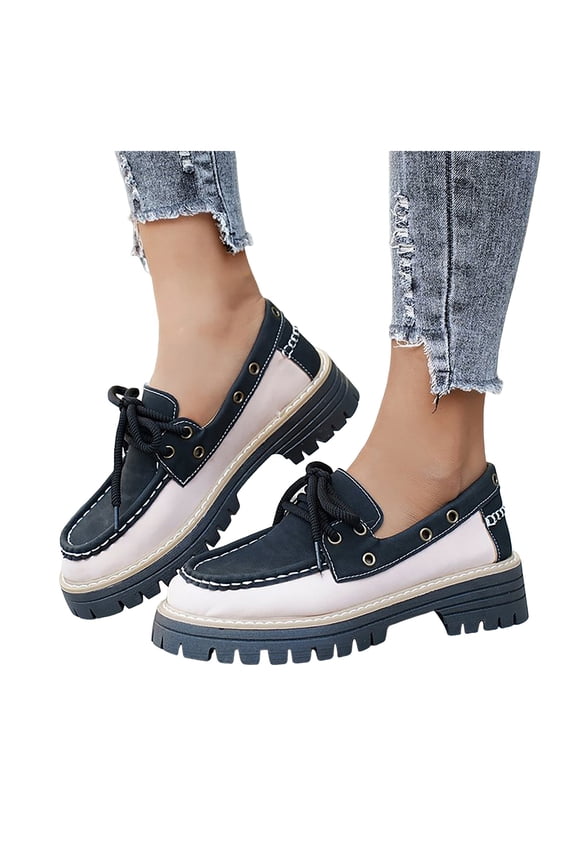 Women's Vintage Studded Color Block Platform Penny Loafers Fashion Sneakers Retro Leather Chunky Block Mid Heel Slip on Mary Jane Oxfords Dress Shoes for Woman Black Size 6