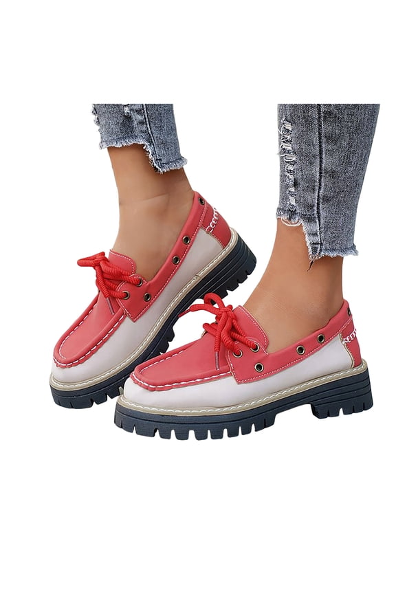 Women's Vintage Studded Color Block Platform Penny Loafers Fashion Sneakers Retro Leather Chunky Block Mid Heel Slip on Mary Jane Oxfords Dress Shoes for Woman Red Size 9